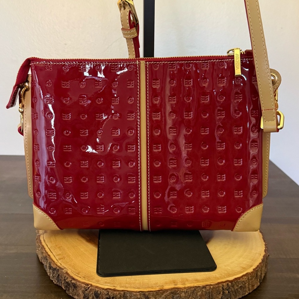 Arcadia Red Patent Crossbody Bag with Tan Trim